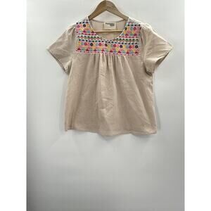 Navy savanna jane Boho EMBROIDERED TOP flowy blouse Tan Stripe Floral size small